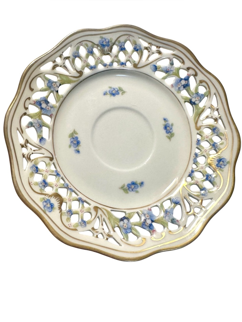 Vintage Schumann Arzberg Forget-Me-Not Porcelain Teacup Saucer w 18k Gold Trim